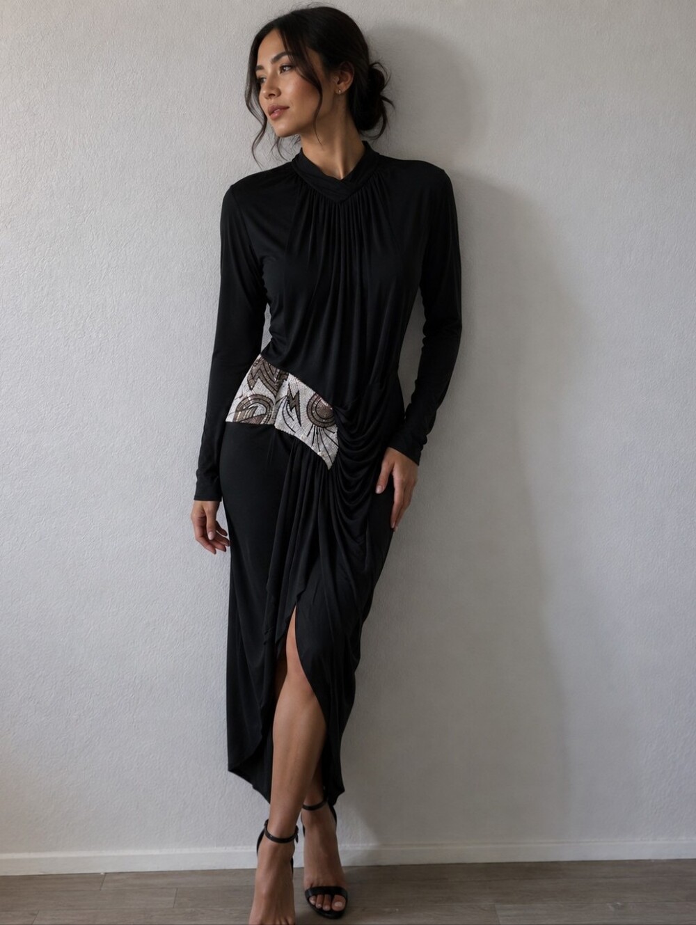 Black Long-Sleeve Draped Dress with Decorative Waist Panel